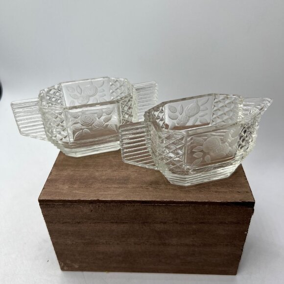 Art Deco Vintage Glass Etched Sugar Bowl Roses Floral Flowers - Picture 6 of 16